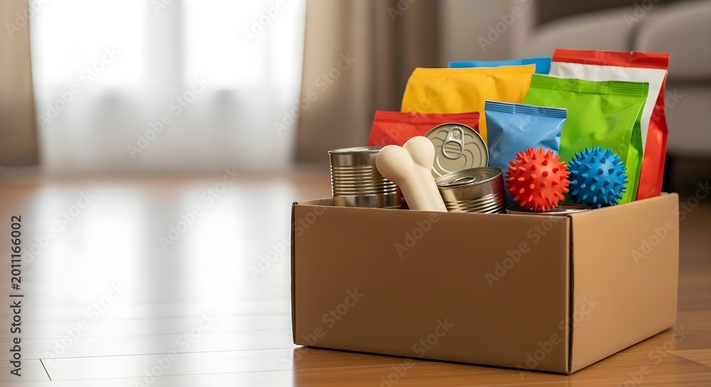 Fototapeta premium Box Full of Pet Food and Toys for a Beloved Companion