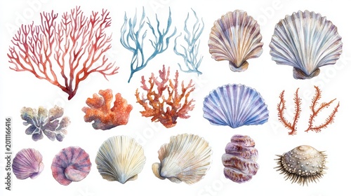 Artistic underwater element collection with branching coral structures, seaweed strands, round sea urchins and scallop shells, painted in watercolor style