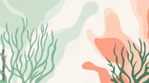 Minimalist vector graphics of seaweed silhouettes with abstract geometric curvature, pastel green and coral colors