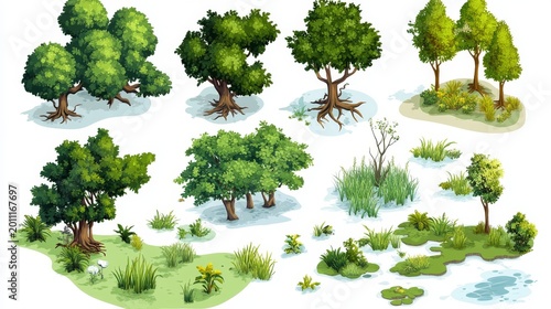 Isometric vector illustration pack of swamp trees, mangroves, and aquatic grasses designed for game environment elements