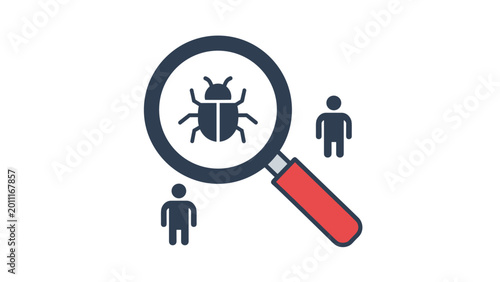 Professional bug tracking and software testing concept features a magnifying glass examining a beetle among people icons.