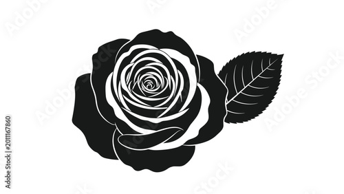 Beautiful black rose silhouette with detailed petals and a single leaf is captured in a minimalist artistic style.