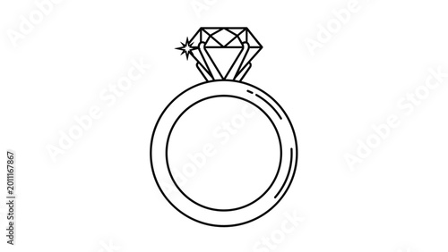 Minimalist outline of a diamond engagement ring with a sparkle accent represents love and commitment in simple design.