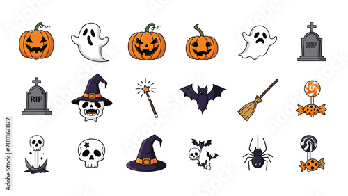 Comprehensive collection of cute Halloween icons including pumpkins, ghosts, graves, and bats on a white background.