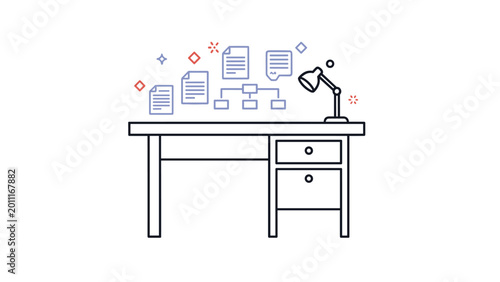 Organized office workspace illustration shows a desk with a lamp and floating document icons for data management.
