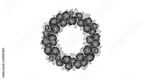 Intricate floral wreath made of detailed black roses and leaves forms an elegant circular frame on a plain background.