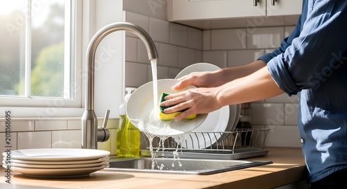 Person washing dishes in a bright, modern kitchen with natural light streaming in.