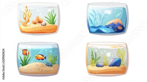 Clean vector icon set showing cartoon aquariums in modern home styles, each with clean sand base, pebbles and waterline details, isolated on white