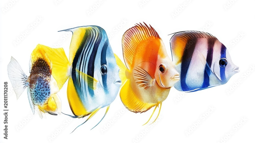 Obraz premium Elegant composition of aquarium favorites like Copperband Butterflyfish and Zebra Angelfish in watercolor tones, isolated on white for clarity