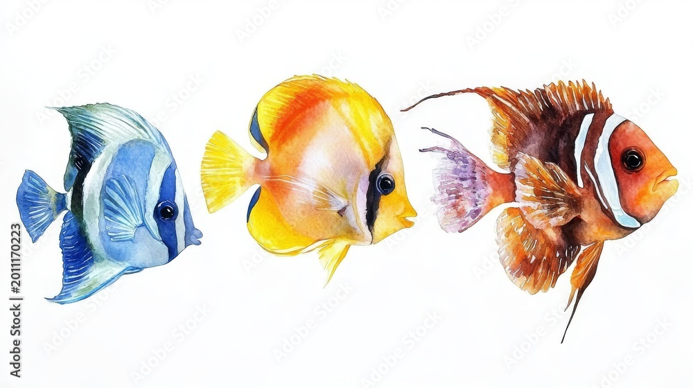 Naklejka premium Elegant composition of aquarium favorites like Copperband Butterflyfish and Zebra Angelfish in watercolor tones, isolated on white for clarity