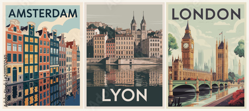 Vintage travel posters show three iconic European cities. Amsterdam's canal houses glow with warm, colorful light. Lyon's historic bridge reflects in calm, deep water
