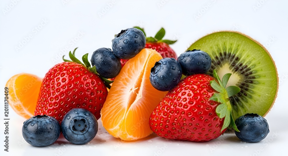 Obraz premium Fresh Mixed Berries and Citrus Fruit Assortment on White Background