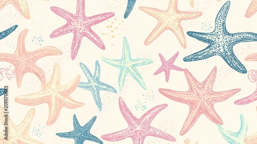Seamless vector background filled with pastel-colored starfish illustrations in varying shapes and sizes, hand drawn with vintage line texture