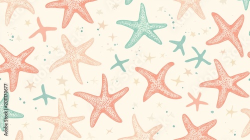 Cute summer-themed repeating pattern featuring soft coral pink and light teal starfishes, arranged playfully across an off-white backdrop