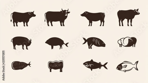Clean vector icon set showing minimalistic silhouettes of farm animals including cow, pig, chicken, lamb, and fish, each paired with matching meat cuts