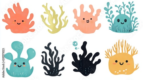 Collection of cute seaweed characters in cartoon vector format, arranged in rows with soft outlines and rounded organic shapes