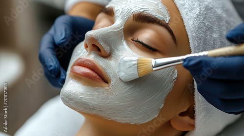 Beautician applying facial chemical peel therapy liquid to forehead with brush,cosmetic procedure,Mask with retinol,rejuvenation anti aging treatment,beauty salon,medical center,Wellness concept.