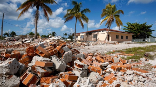 Destruction of Property After Natural Disaster, Debris and Ruins Among Palm Trees Against Bright Blue Sky