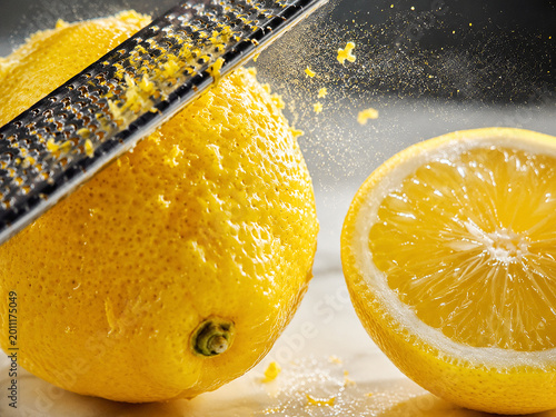 Ultra-macro extreme close-up of a Meyer lemon being freshly zested