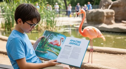 A child deeply engaged in reading a book, accompanied by a flamingo in a park setting. He's holding a book about amazing animals