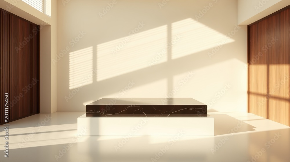 Fototapeta premium Minimalist interior. Platform center stage. Warm light creates dramatic shadows, highlighting textures, clean lines. Empty space evokes serenity.