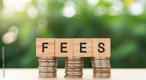 Fees Word on Stacked Coins with Nature Background and Bokeh Lights
