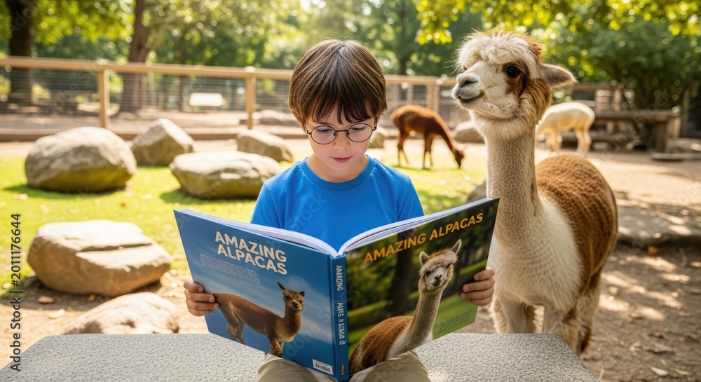 Fototapeta premium A young boy reading an alpaca book at zoo with an alpaca beside him