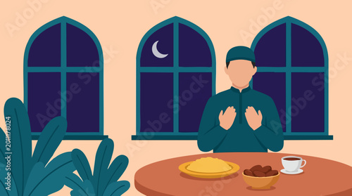 Canvas Print Muslim man praying with dates and food for iftar during Ramadan night