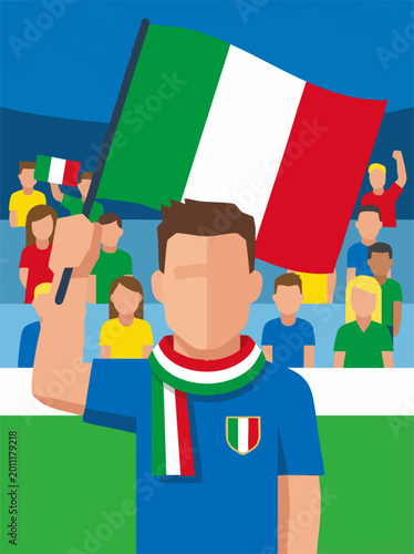 Foto Italian Soccer Fan Waving Flag in Stadium Crowd