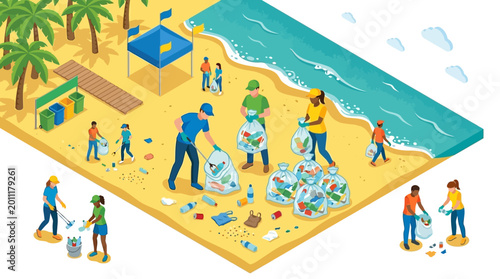 Isometric illustration of volunteers cleaning up trash on a sandy beach near palm trees, collecting waste into bags, with a bright, cheerful color palette that promotes environmental