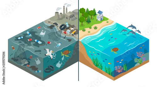Split isometric illustration contrasting polluted water with plastic and trash, against clean ocean water with marine life, showing the impact of industrial waste, in a bright