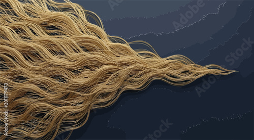 Obraz na plátně Abstract flowing golden wavy lines on dark blue background
