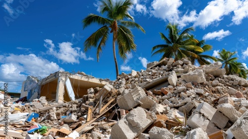 Ruined building debris under bright blue sky with palm trees in tropical landscape after a natural disaster or construction collapse