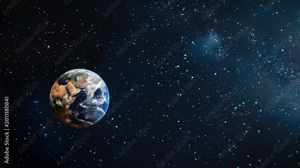 Naklejka premium Stunning View of Earth Against a Vast Starry Universe with Cosmic Depth and Endless Celestial Wonders