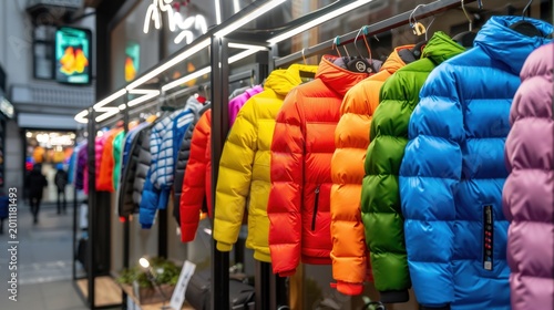 Colorful Winter Jackets on Display in a Fashion Boutique with Urban Background