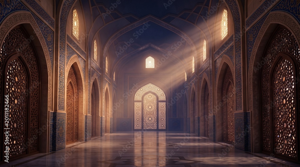 Obraz premium Mystical Sufi Festival Background with Islamic Geometric Patterns, Soft Glowing Gradients, and Divine Light Rays for Spiritual Celebration