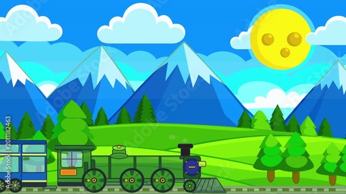 Green steam locomotive pulling blue passenger carriage travels on railway tracks through green hills with pine trees and snow-capped mountains under sunny blue sky with clouds.