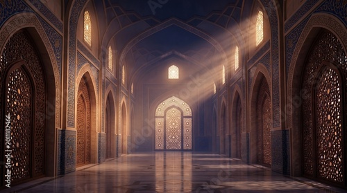 Mystical Sufi Festival Background with Islamic Geometric Patterns, Soft Glowing Gradients, and Divine Light Rays for Spiritual Celebration