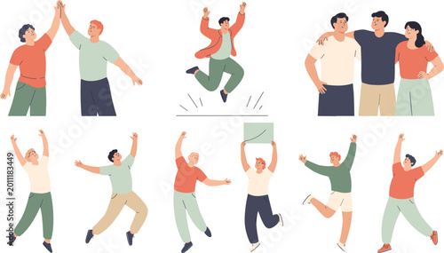 Quadro em tela Collection of Diverse Happy People Character Poses including Jumping High-Fiving