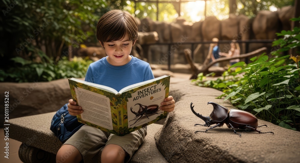 Fototapeta premium Curious Young Child Reading Insect Book Beside Large Beetle in Lush Zoo Exhibit