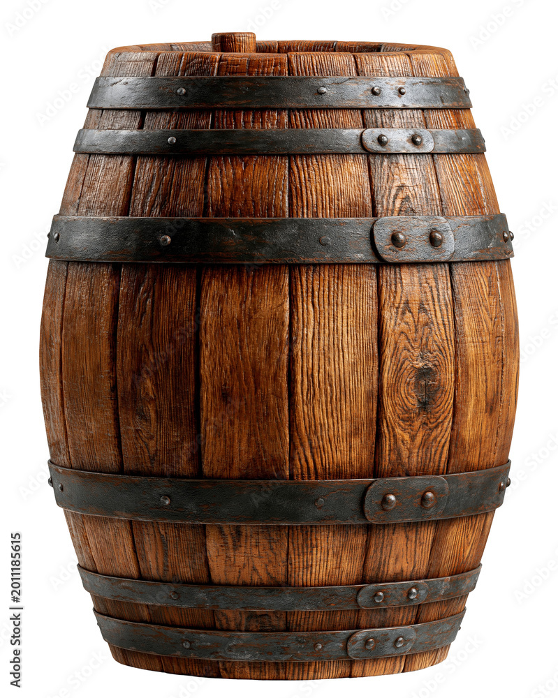 Obraz premium Rustic Wooden Barrel Isolated on Transparent Background, Vintage Oak Cask with Metal Hoops and Natural Wood Grain Texture PNG