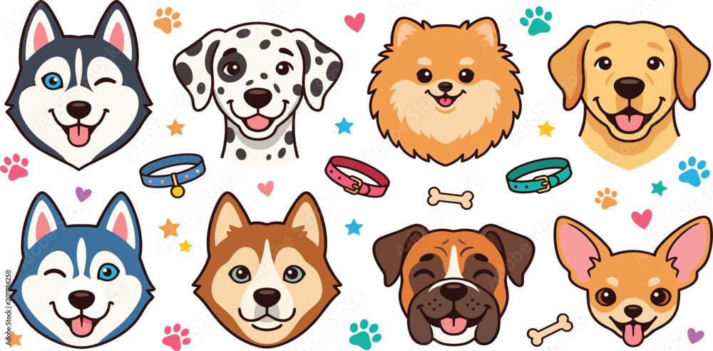 Obraz premium Cute dog breed faces collection with husky dalmatian pomeranian labrador boxer and chihuahua vector illustration set