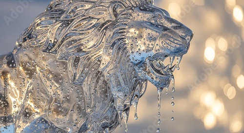 Close-up of a carved ice sculpture depicting a lion's head, dripping water in front of blurred golden lights