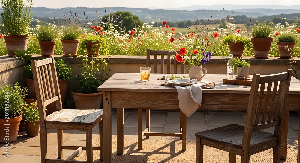 Obraz premium Sunny outdoor patio with wooden dining set, potted plants, and scenic countryside view.