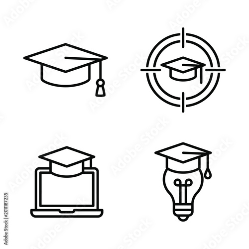 Education icons: graduation cap laptop target lightbulb ideas with education graduation mortarboard computer