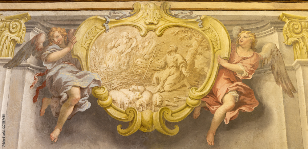 Fototapeta premium CREMA, ITALY - MARCH 20, 2026: The fresco of God appeared moses in the burning bush the church Santuario di Santa Maria della Croce by Giacomo Parravicino - il Gianolo from year 1721
