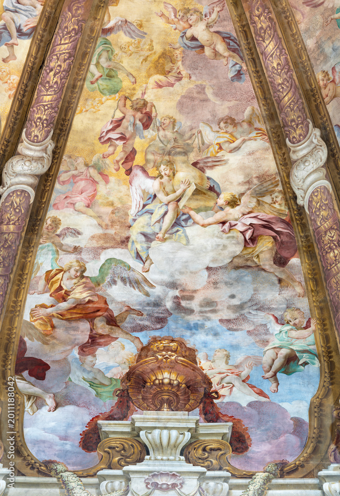 Fototapeta premium CREMA, ITALY - MARCH 20, 2026: The fresco of angels with the Flagellation instruments in cupola of the church Santuario di Santa Maria della Croce by Giacomo Parravicino (1702). 