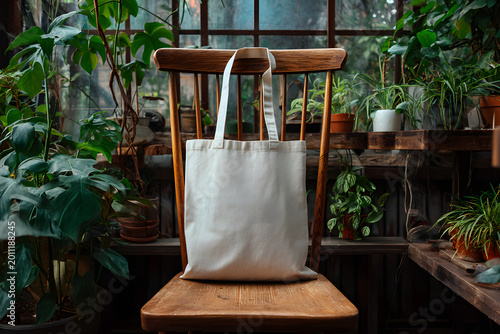 White Tote Bag Mockup on Wooden Chair in Aesthetic Greenhouse Garden with Indoor Plants