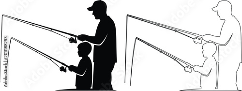 Tableau sur toile Adult teaching child how to fish with fishing rods