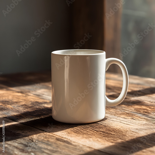 White Ceramic Coffee Mug Mockup Blank Cup on Rustic Wooden Table with Sunlight Shadows